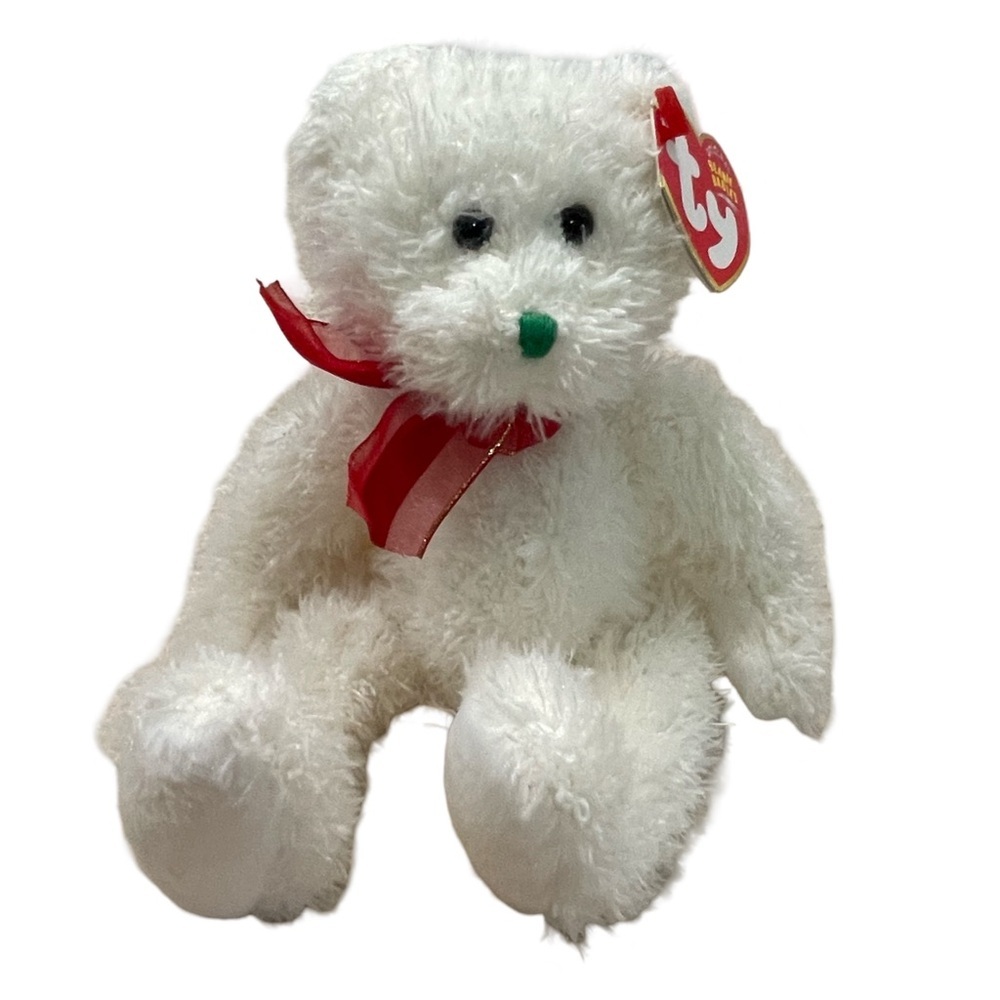 2004 HOLIDAY TEDDY TY Beanie Baby White Teddy Bear with Red Ribbon! - Picture 1 of 5